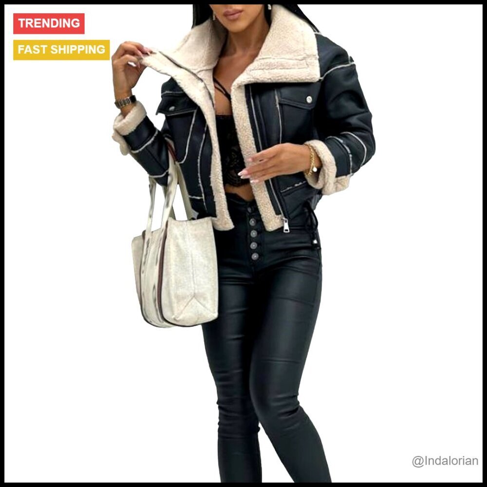 Faux Leather Moto Bomber Jacket Sherpa Lined Cropped Punk Streetwear Outerwear